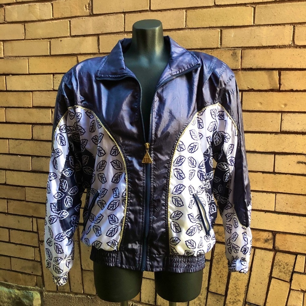 Vintage 80s 90s Wilson Navy & White Leaf Print Windbreaker Jacket Size Medium